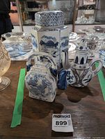 All three blue and white ceramic items together