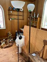 Full view of both floor lamps showing shades, columns and bases