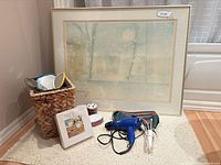 overview of lot showing painting, basket, hair tools, toiletry bag, mirrors and accessories