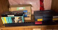Shelf view showing Wolfcraft Dowel Pro Kit box, Balfer contour gauge in cardboard sleeve, Mastercraft heat gun case, black metal guide rail