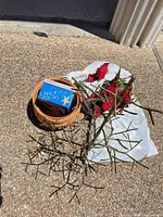 All lot items laid out: basket, blue box, gold branch, bag of poinsettias