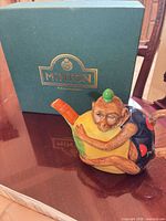 Monkey-form teapot beside original Minton box