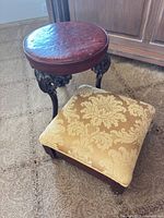 Round leather stool and square ottoman side by side