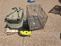 Group shot of crate, carrier, bed cushion underneath, and yellow harness/leash in front