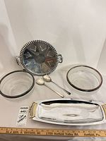 All items grouped: rectangular tray, round divided tray, two glass bowls, two utensils