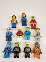 Front view of all eleven minifigures laid out in rows