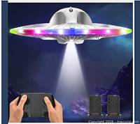 Marketing image of HolyFun Seeker UFO drone in flight with LED lights, controller and two batteries displayed