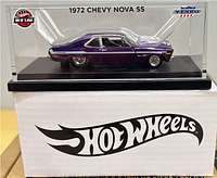 Side profile of 1972 Chevy Nova SS in acrylic display case on white Hot Wheels base