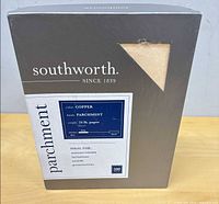 Front of sealed box showing brand, color, weight, sheet count