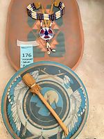 Entire lot showing necklace on tray, drum, and mallet