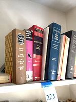 Shelf view showing Reader’s Digest omnibus, Edgar Allan Poe, two contracts texts and tax law volume