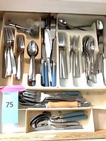 Drawer insert showing assorted stainless forks, spoons, knives, blue-handled steak knives and serving pieces