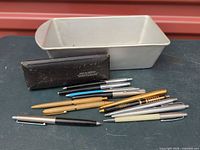 Overview of all pens, black German case and aluminium pan