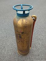 Full view of brass fire extinguisher showing blue top ring and red hose