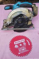 Makita cordless circular saw front and Diablo blade