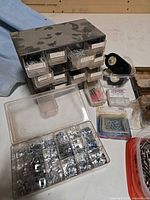 Drawer organizer cabinet, sectioned plastic case, Young Fastener Products box, Pro Connector terminals