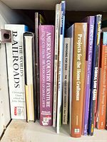 Row of books showing titles: The World's Railroads, American Country Furniture, Projects for the Home Craftsman, others