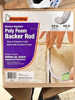 Frost King box label showing product details 3/8 in diameter 350 ft length poly foam backer rod