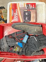 All three items in red tote: gloves, mitt, back brace packaging