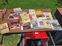 Overall shot of 15 cookbooks and magazines on table