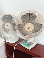 Front view of two Super table fans on shelf