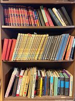 Three shelves of assorted books showing series, novels and reference texts
