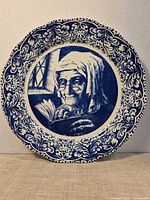 Front view of blue and white decorative plate
