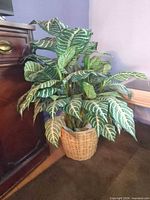 Full view of artificial aglaonema plant in wicker basket