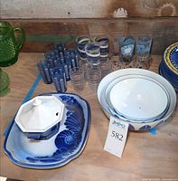 Group shot showing platter, tureen, enamel bowls and tumblers