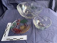 Large and medium clear etched bowls with multicolour fruit-design plate and measuring scale