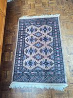 Full view of the rug showing pattern and fringe