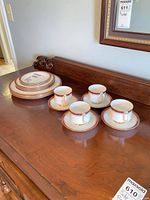 Stack of dinner, salad and dessert plates showing pattern