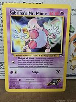 Front view of Sabrina's Mr. Mime Gym Heroes card showing card number, HP and attack details