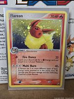 Front of Flareon holo card displaying artwork, text, holographic foil
