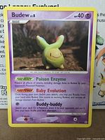 Front of Budew LV.8 33/100 card showing artwork, HP, moves