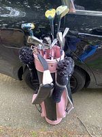 Full view of pink/black bag with clubs and headcovers