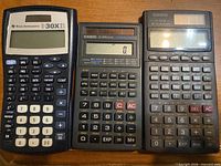 Front view of three scientific calculators showing models and key layouts