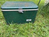 Green metal cooler front view showing latch, Thermos badge, overall condition