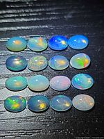 Front view of 16 oval opal cabochons showing colour play