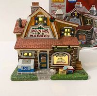 Front and side view of Lemax Mountain High Market building showing details and missing bear figure