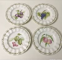 Group shot of four Mikasa Garden Gala plates showing all fruit motifs