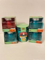 Front view of all five boxed firepieces