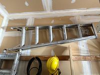 Full view of aluminum ladder showing seven rungs and side rails