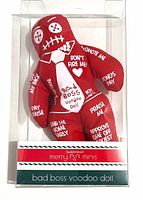 Front view of packaged red Bad Boss Voodoo Doll showing brand and graphics