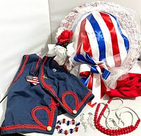 Full lot overview showing hat, vest, sash, jewelry