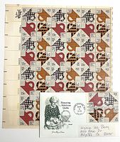 Front of mint sheet with 48 American Quilts 13¢ stamps and FDC envelope
