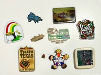 Front view of all nine refrigerator magnets showing designs and text
