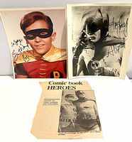 All three items: signed Robin photo, signed Batman photo, Comic Book Heroes clipping