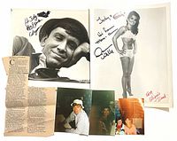 Group shot showing both signed 8×10 photos, four colour snapshots and newspaper clipping