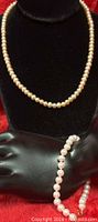 Necklace displayed on bust, bracelet draped on hand form